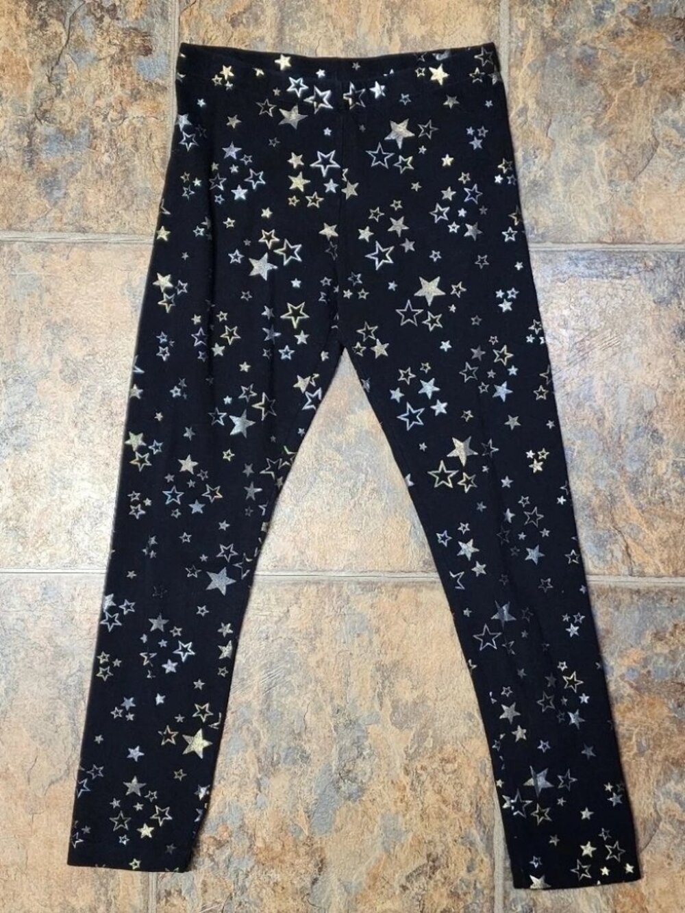 Wonder Nation Stretch Leggings Black With Shiny Silver & Gold Stars Girls Sz Lg